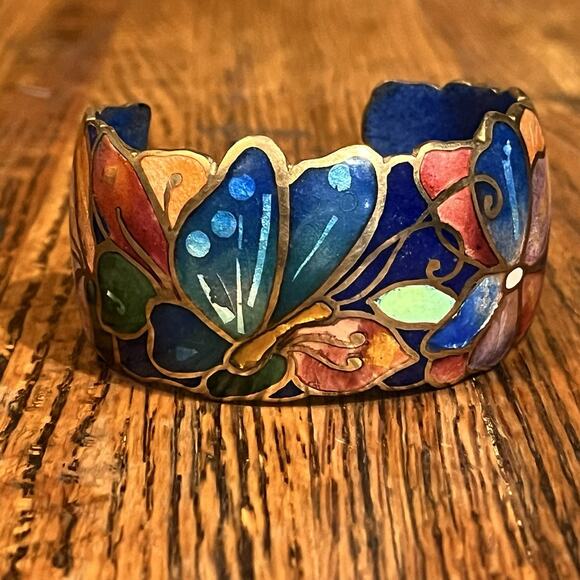 Vintage Signed David Kuo Champleve Enamel Cuff Bracelet Cloisonné Butterfly - Picture 13 of 16